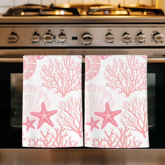 Coastal Pink Kitchen Towels Set of 1, Ocean Coral Starfish Shell Modern Sea Absorbent Dish Towels for Kitchen, Microfiber Hand Towel, Quick Drying Tea Towel for Cleaning Decorative Dishcloths
