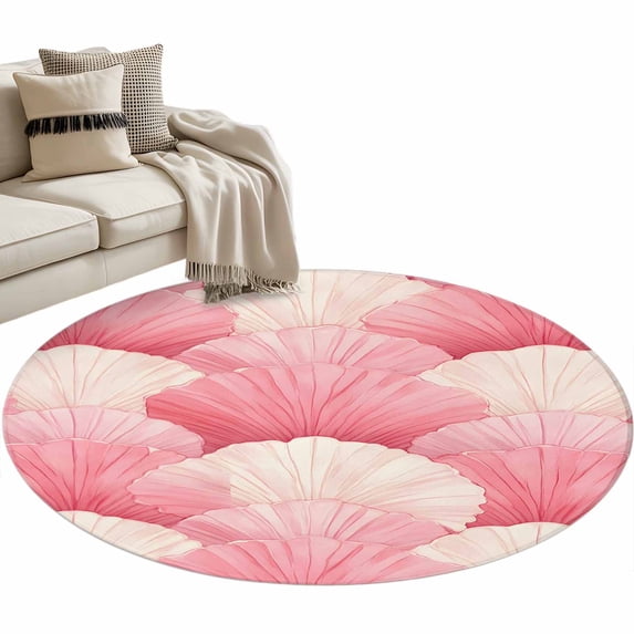 Coastal Pink Round Area Rug 4ft Seashell Ocean Beach Summer Non-Slip Washable Circle Rugs Soft Felt Indoor Floor Mat for Bedroom Kitchen Living Room Bathroom