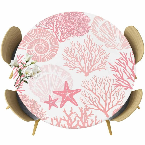 Coastal Pink Table Cloth, Round Fitted Tablecloths with Elastic Edge, Ocean Coral Starfish Shell Modern Sea Wipeable Waterproof Table Cover for Kitchen Wedding 36-44 Inches
