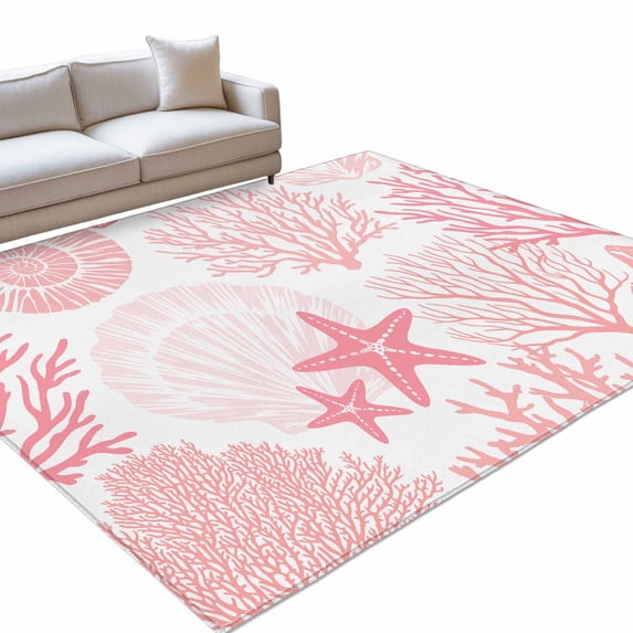 Coastal Pink Washable Rug 5x7 Area Rug for Living Room Bedroom Non Slip Indoor Floor Rectangle Carpet Soft Low Pile Large Ocean Coral Starfish Shell Modern Sea Entryway Rugs for Dining Room Office