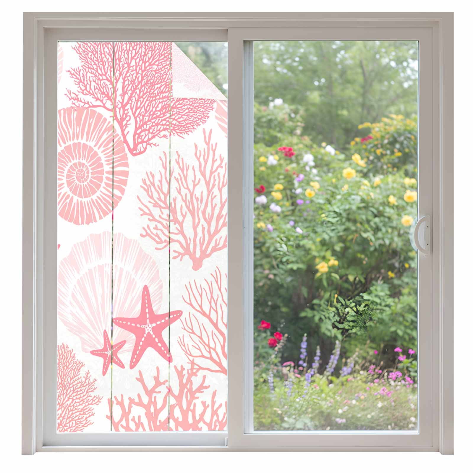 Coastal Pink Window Privacy Film, Ocean Coral Starfish Shell Modern Sea ...