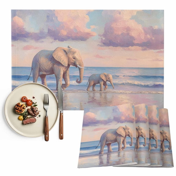 Coastal Placemat of 1 PC, Oil Painting Textures Beach Elephants Table Mats Washable Heat-Resistant Non-Slip Place Mats for Kitchen Dinner Table Indoor Outdoor Decor,13x19 Inch Gray Pink Blue