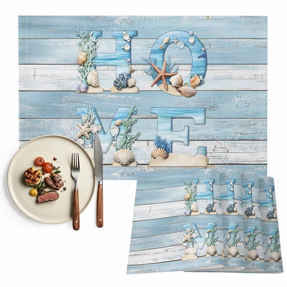 Coastal Placemat of 1 PC, Vintage Beach Starfish Shell Table Mats Washable Heat-Resistant Non-Slip Place Mats for Kitchen Dinner Table Indoor Outdoor Decor,13x19 Inch Aqua Baby Blue