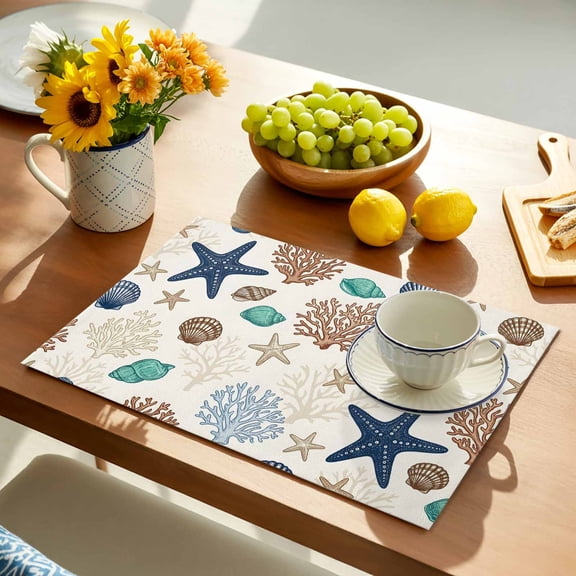 Coastal Placemats Set of 1, Starfish Seashell Coral Summer Ocean Seaside Non-Slip Place Mats Washable Table Mats for Kitchen Dining Table Decorations Indoor/Outdoor