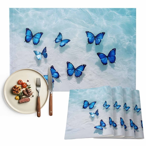 Coastal Placemats Set of 12, Ocean Butterfly Beach Table Mats Washable Heat-Resistant Non-Slip Place Mats for Kitchen Dinner Table Indoor Outdoor Decor,13x19 Inch Aqua Dark Blue