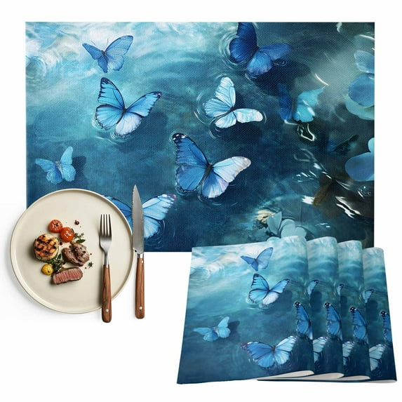 Coastal Placemats Set of 2, Vintage Butterfly Ocean Table Mats Washable Heat-Resistant Non-Slip Place Mats for Kitchen Dinner Table Indoor Outdoor Decor,13x19 Inch Blue