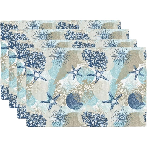 Coastal Placemats Set of 4 Beach Ocean Starfish Seashell Coral Linen Washable Place Mats Rectangle Cloth Table Mat for Party Kitchen Dining Decoration Indoor Outdoor, 12x18 inch