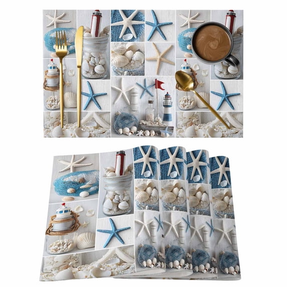Coastal Placemats Set of 4 Summer Beach Starfish Nautical Sea Shell Place Mats Indoor Wipeable Table Mats Washable Cloth Dining Table Placemats for Kitchen Holiday Party Home Decor 13x19 Inch