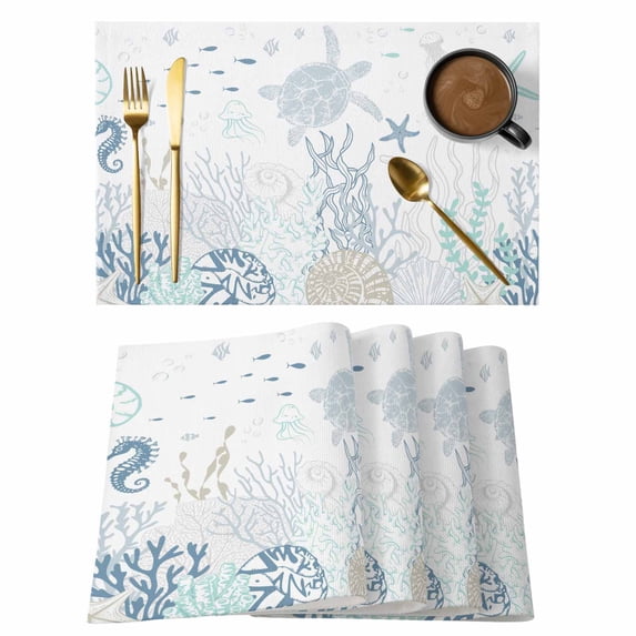 Coastal Placemats Set of 4, Turquoise Blue Turtle Starfish Coral Jellyfish Placemats for Dining Table, Place Mats for Kitchen Tabletop, Waterproof Wipeable Dining Table Mats Set