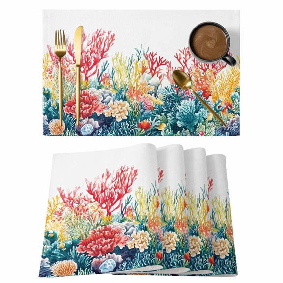Coastal Placemats Set of 8 Summer Beach Red Teal Coral Nautical Place Mats Indoor Wipeable Table Mats Washable Cloth Dining Table Placemats for Kitchen Holiday Party Home Decor 13x19 Inch