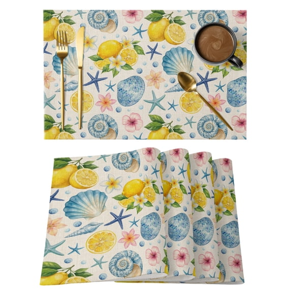 Coastal Placemats Set of 8 Summer Lemon Flower Shell Starfish Rustic Place Mats Indoor Wipeable Table Mats Washable Cloth Dining Table Placemats for Kitchen Holiday Party Home Decor 13x19 Inch