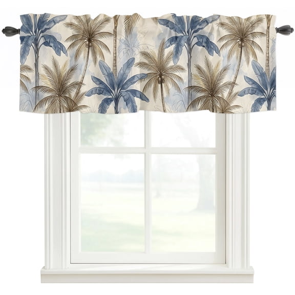 Coastal Plam Trees Kitchen Valances for Windows, Beach Blue Brown Tropical Plants Vintage Bathroom Window Valances 42x12 Inch Rod Pocket Window Treatments Valance Curtains for Living Room Bedroom