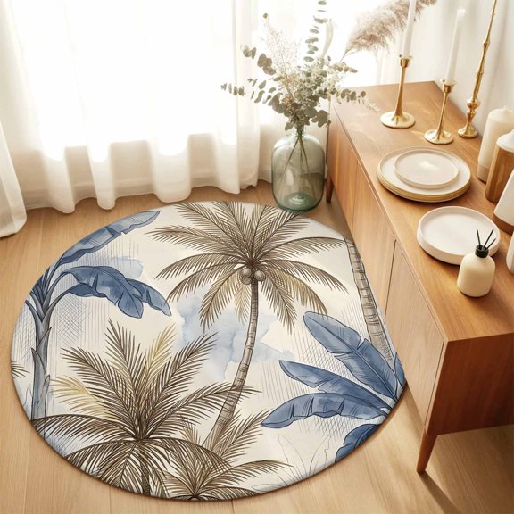 Coastal Plam Trees Round Area Rug 3 FT,Small Kitchen Bathroom Mat,Beach Blue Brown Tropical Plants Vintage Washable Indoor Outdoor Throw Runner Carpet Doormat for Table Shower Sofa Entryway