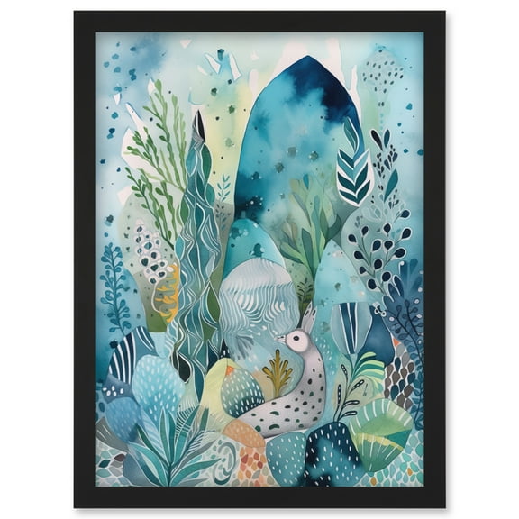 Coastal Plants And Animals Folk Art Watercolour Painting Artwork Framed Wall Art Print A4
