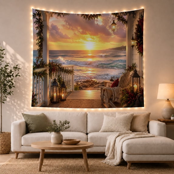 Coastal Porch Sunset Scene with Festive Greenery, Cozy Coastal for Nature Lovers, Sunset Art Decor, Christmas Gift Tapestry Wall Hanging for Living Room and Bedroom