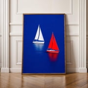 Coastal Poster, Modern Gouache, Cobalt And Deep Navy Blue, White And Red Sailboats