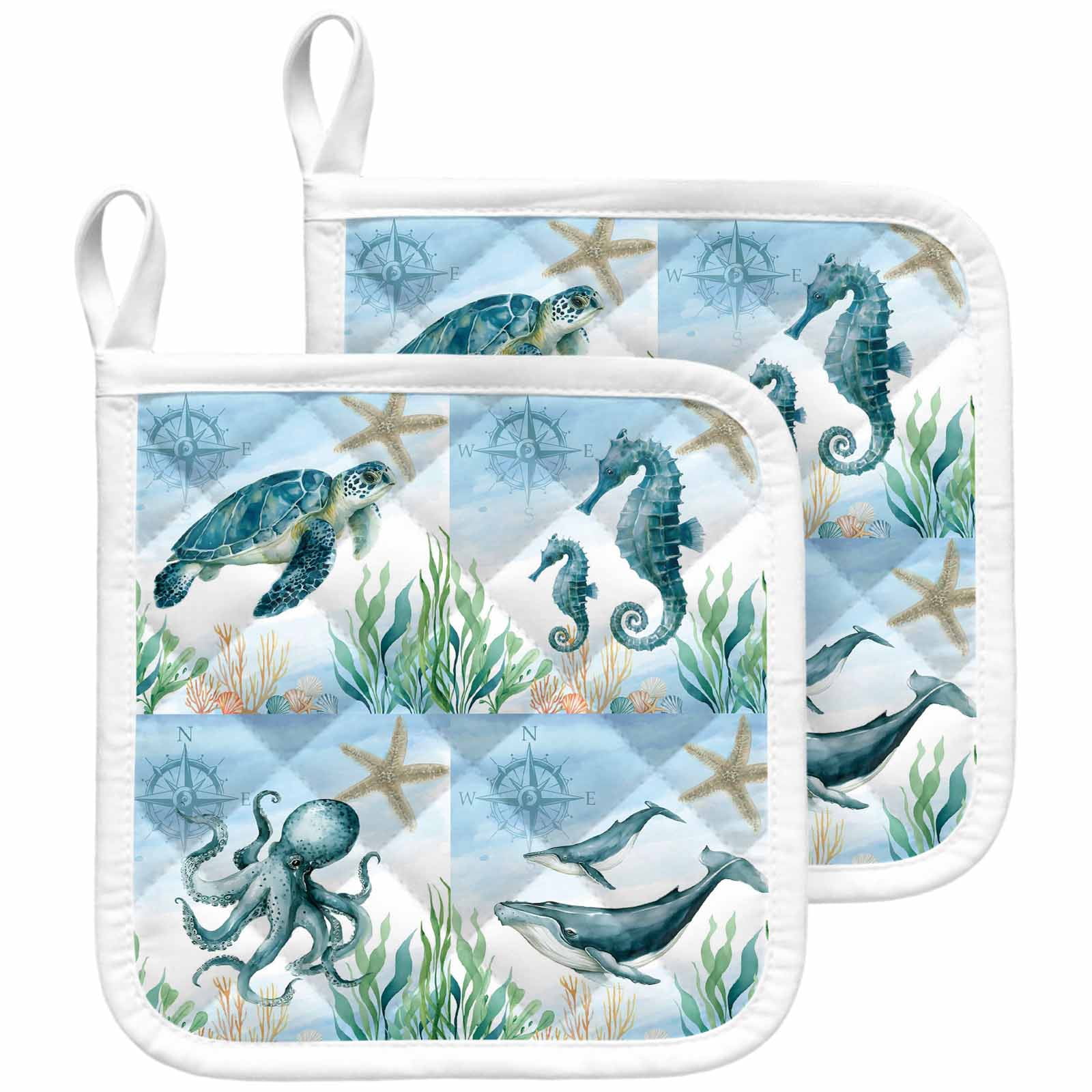 Coastal Pot Holders for Kitchen Heatproof Potholder, 2 Pack Ocean Turtle Seahorse Octopus Whale Beach Starfish Hot Pads Multipurpose Oven Pads Cloth Potholders Trivet for Cooking and Baking