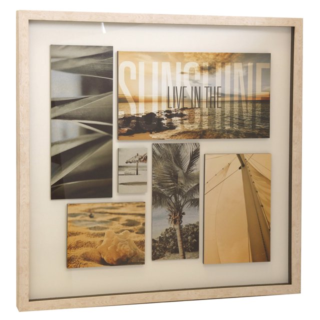 Coastal Print Collage Light Wood Frame Wall Art