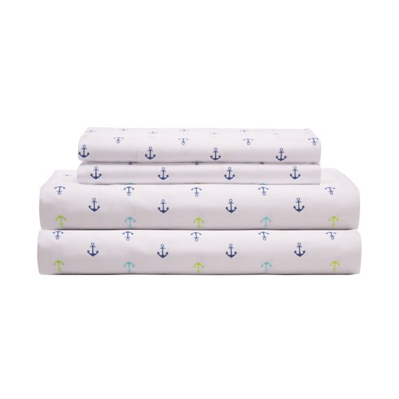 Coastal Print Microfiber Sheet Set, California King, Anchors Blue