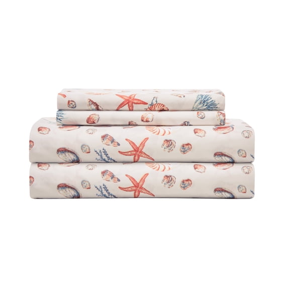 Coastal Print Microfiber Sheet Set, California King, Oceanside Sand