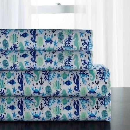 Coastal Print Microfiber Sheet Set, Full, Clearwater Aqua