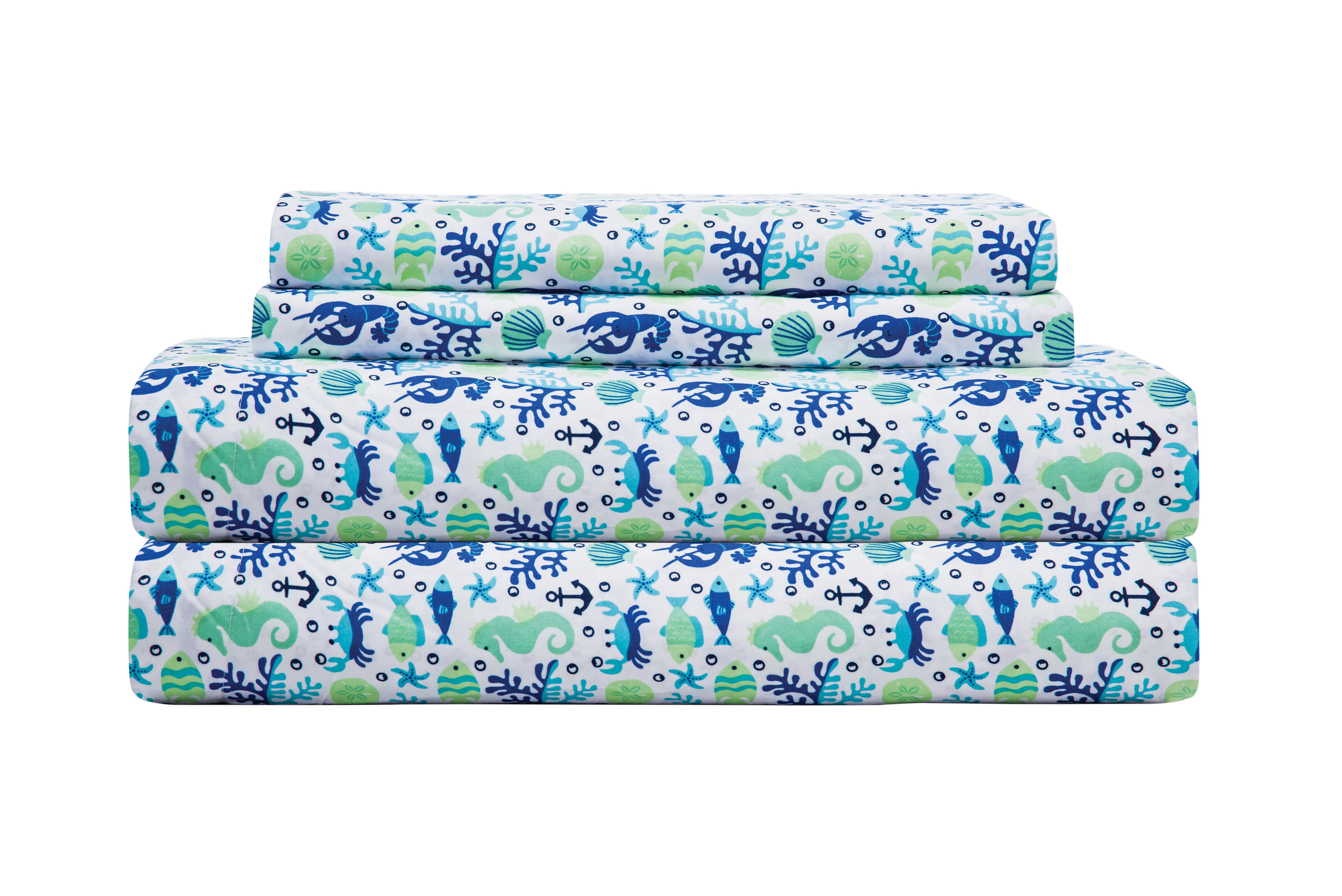 Coastal Print Microfiber Sheet Set, Twin, Clearwater Aqua