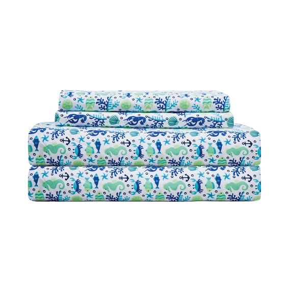 Coastal Print Microfiber Sheet Set, Twin, Clearwater Aqua