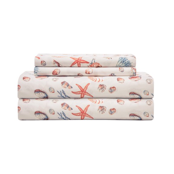 Coastal Print Microfiber Sheet Set, Twin, Oceanside Sand