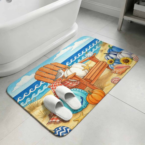 Coastal Pumpkins Bathroom Rugs Non Slip Washable Bath Mat Absorbent Front Door Mat Thanksgiving Fall Beach Nautical Waves Indoor Doormat for Kitchen Entryway Shower Decor Accessories 31.5"x47.2"