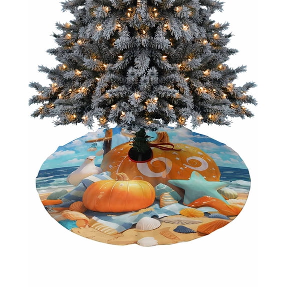 Coastal Pumpkins Christmas Tree Skirt 48 Inches Large Christmas Skirt Tree, Fall Nautical Starfish Beach Tree Skirt Christmas Decorations for Fireplace Party Holidays Indoor Outdoor