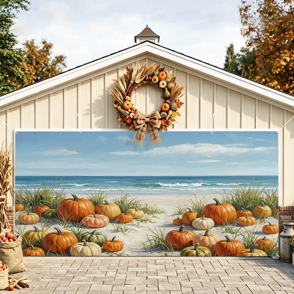 Coastal Pumpkins Fall Garage Door Banner 6.9x8 Ft, Autumn Thanksgiving Beach Outdoor Garage Door Cover for Holiday Party, Hanging Banner Backdrop Decoration Wall Decor Flag