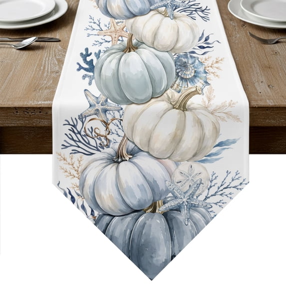 Coastal Pumpkins Fall Table Runner Linen Burlap Table Runner 48 Inches Long Thanksgiving Navy Blue Pumpkin Dresser Scarves for Kitchen Island Coffee Dining Room Party Holiday Decoration 13"x48"