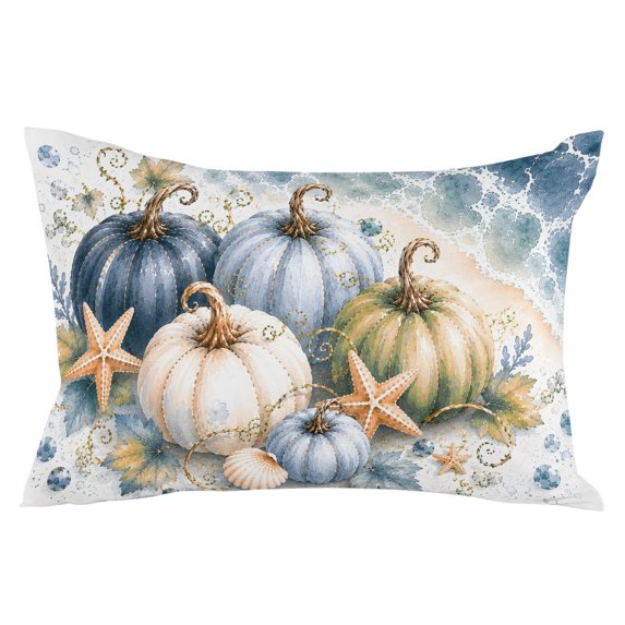 Coastal Pumpkins Fall Throw Pillow 12x20 Inch, Blue Starfish Beach Thanksgiving Waterproof Outdoor Pillow Covers with Insert, Decorative Pillowcase Cushion for Couch, Sofa, Bed, Patio, Garden