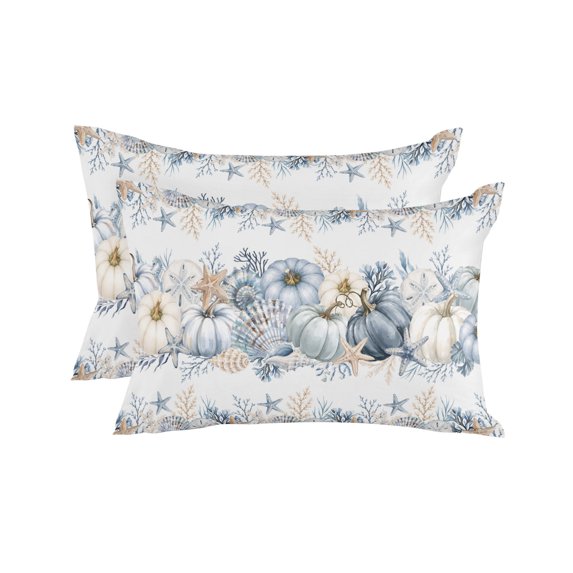 Coastal Pumpkins Fall Throw Pillows 12x20 Set of 2, Thanksgiving Seaside Navy Blue Waterproof Outdoor Pillow Covers with Insert, Decorative Pillowcase Cushion for Couch, Sofa, Bed, Patio, Garden