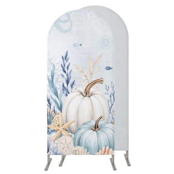 Coastal Pumpkins Fall Wedding Arch Cover,Stretchy Spandex Arch Backdrop Stand Covers 4 FT,Thanksgiving Nautical Botanical Round Top Arched Backdrop Cover for Birthday Party Ceremony Baby Shower Event