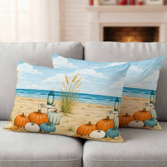 Coastal Pumpkins Outdoor Waterproof Throw Pillow Covers 20x12 Set of 2, Fall Watercolor Ocean Nautical Beach Decorative Pillowcases Cushion Pillowcase for Couch Sofa Patio Outside Pillow Protector
