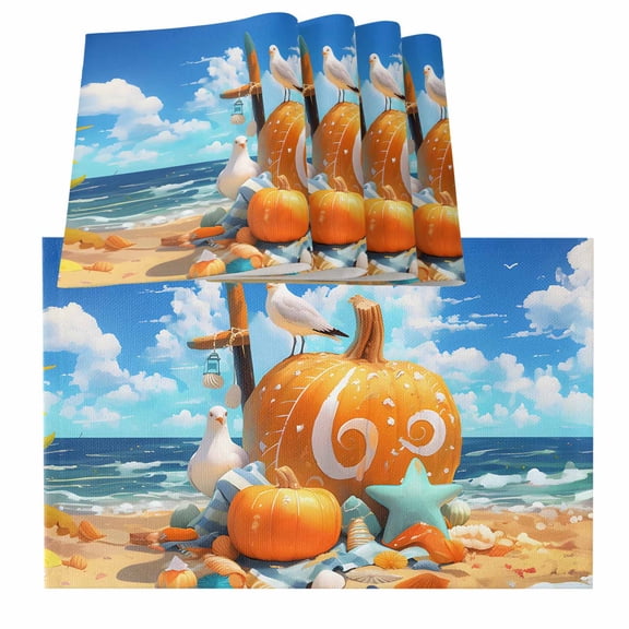 Coastal Pumpkins Placemats for Dinning Table Set of 6, Fall Nautical Starfish Beach Burlap Kitchen Place Mats Waterproof Cloth Table Mats, Indoor Outdoor Placemats Easy Clean Dinner Decor