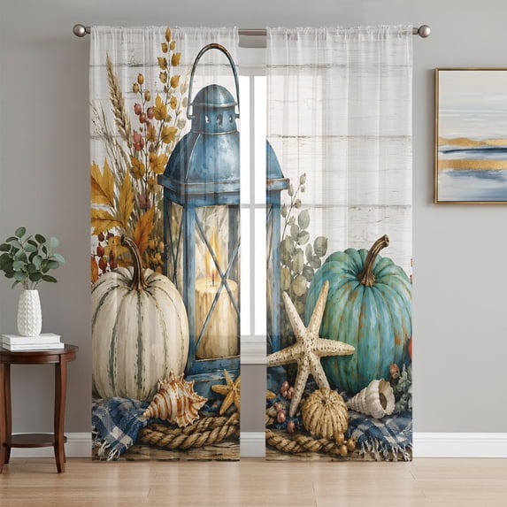 Coastal Pumpkins Sheer Curtains 96 Inch Length 2 Panels Set, Fall Vintage Nautical Starfish Wood Grain Voile Window Treatment Semi Sheer Long Curtains Drapes for Bedroom/Living Room/Kitchen 52"x96"x2