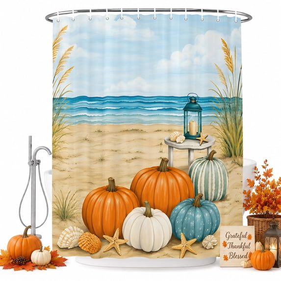 Coastal Pumpkins Shower Curtain Set - Long 72" x 84" Washable Bathtub Curtain with 12 Hooks, Fall Watercolor Ocean Nautical Beach Waterproof Fabric Stall Shower Curtains for Bathroom/Bathtub Décor