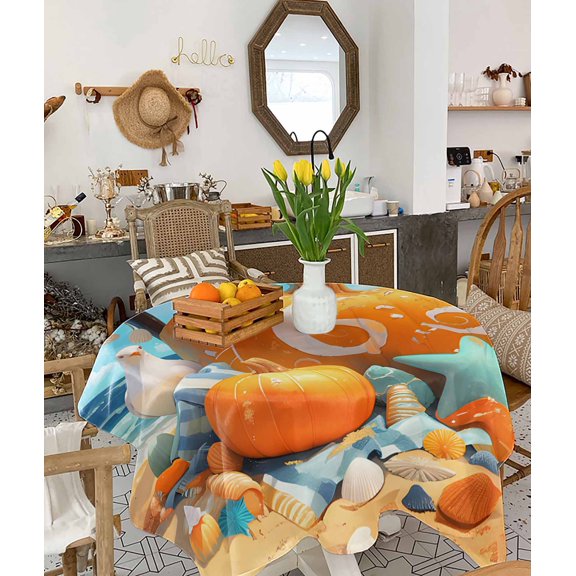 Coastal Pumpkins Tablecloth Square Table Cloth 54x54, Waterproof Tablecloth Outdoor Table Cloth, Fall Nautical Starfish Beach Washable Table Cover for Kitchen Dining Party