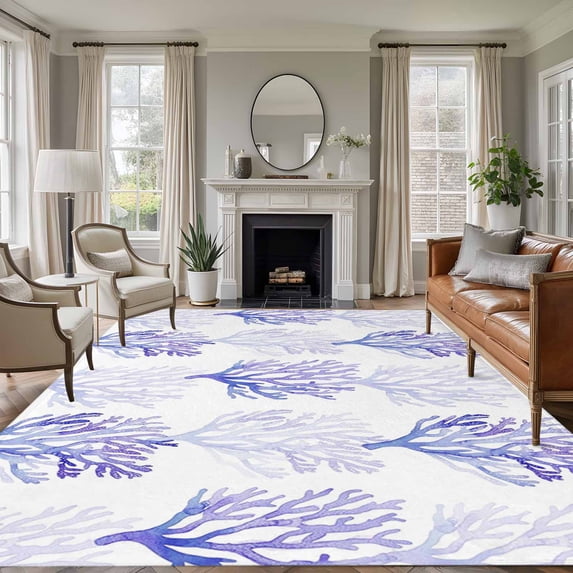 Coastal Purple Coral Area Rugs 5'x8', Washable Small Throw Rugs for Classroom Bedroom, Nautical Ocean Seaside Beach Indoor Outdoor Rug Non-Slip Low Pile Carpet Runner Reversible Floor Mats