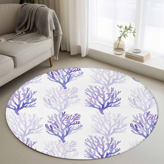 Coastal Purple Coral Round Area Rug 3Ft Washable Small Circle Rugs for Kitchen Entryway, Nautical Ocean Seaside Beach Non-Slip Carpet Floor Mats Indoor Outdoor Carpet Runner Aesthetic Home Decor