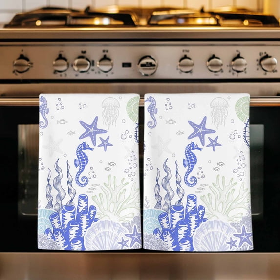 Coastal Purple Kitchen Towels Set of 1, Ocean Coral Starfish Jellyfish Seahorse Absorbent Dish Towels for Kitchen, Microfiber Hand Towel, Quick Drying Tea Towel for Cleaning Decorative Dishcloths