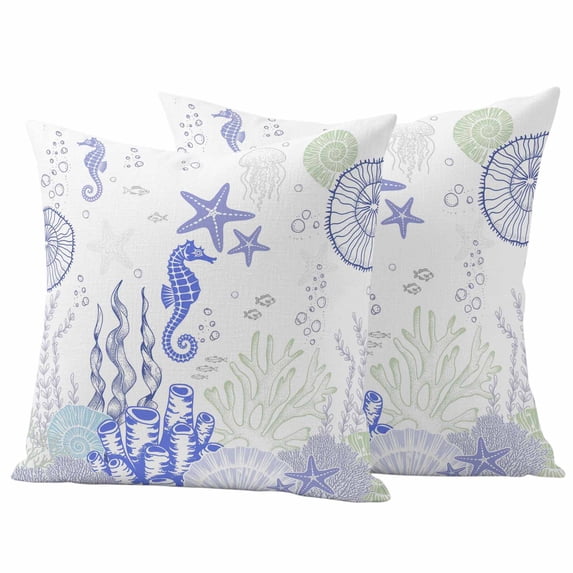 Coastal Purple Outdoor Waterproof Pillow Covers, Ocean Coral Starfish Jellyfish Seahorse Decorative Square Throw Pillowcase Sofa Cushion Sham for Patio/Couch/Chair, 16"x16" 2 Pack