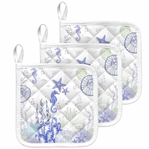 Coastal Purple Pot Holders for Kitchen Heatproof Potholder, 3 Pack Ocean Coral Starfish Jellyfish Seahorse Hot Pads Multipurpose Oven Pads Cloth Potholders Trivet for Cooking Baking