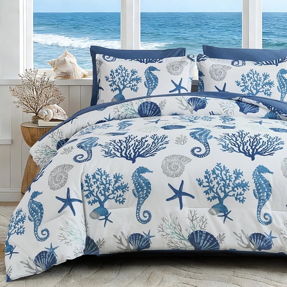 Coastal Queen Comforter Set 7 Piece, Soft Beach Themed Comforter, Summer Ocean Nautical Bed in a Bag Lightweight Blue Bedding Sets for All Season 90''x90''
