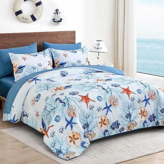 Coastal Queen Comforter Set 7 Pieces Beach Themed Ocean Sand Dollar Starfish Pattern Bed in a Bag Summer Bedding Set