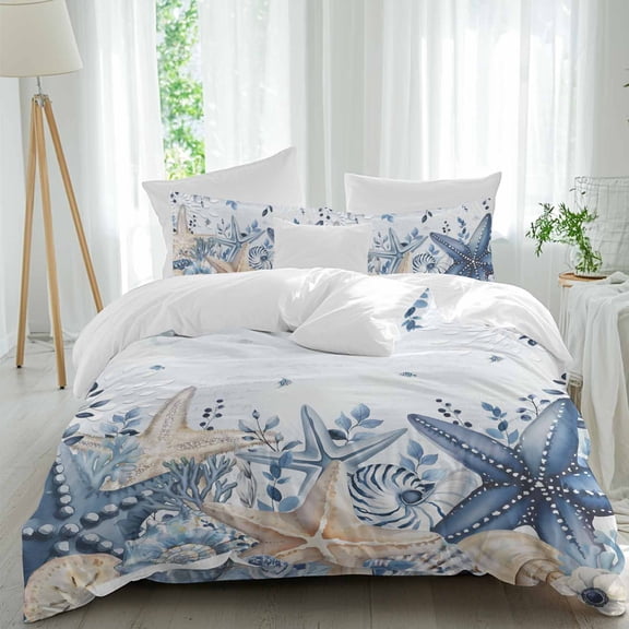 Coastal Queen Size Comforter Set, Ocean Blue Beige Starfish Shells Plant Leaves Ombre Bedding for All Seasons, 4 Pcs Bed Set, 1Quiltcover (90"x92") ,1Sheet(94"x116"), 2Pillowcases (30"x20")