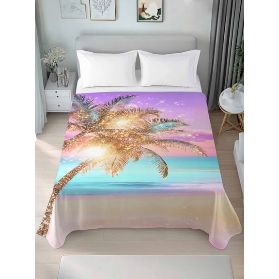 Coastal Queen Size Flat Sheet, Wrinkleproof & Fadeproof Cooling Flat Bed Sheet Only, Ocean Palm Tree Summer Beach Purple Blue Breathable Soft Bedding Top Sheets 90 x 102 Inches