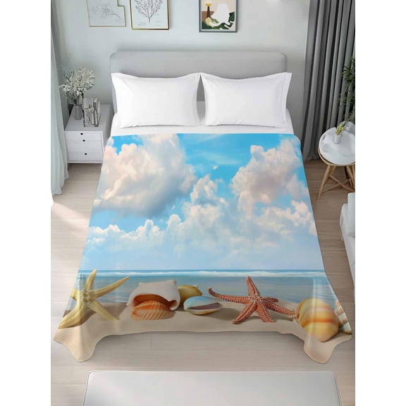 Coastal Queen Size Flat Sheet, Wrinkleproof & Fadeproof Cooling Flat Bed Sheet Only, Summer Beach Shell Conch Starfish Blue Nautical Breathable Soft Bedding Top Sheets 90 x 102 Inches